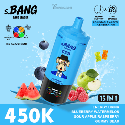 Blue energy drink bottle labeled s.BANG with a cartoon monkey logo, flavor Blueberry Watermelon, tilted on a blue background with fruit slices.