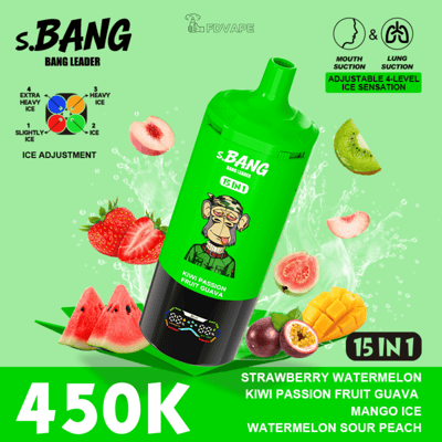 Bright green advertisement for S.BANG Bang Leader 15 in 1 vape featuring a cartoon monkey, ice-sensation icons, and colorful fruit graphics.