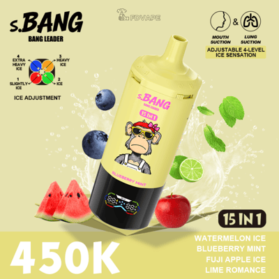 Yellow S.BANG 15-in-1 bottle with a monkey mascot, surrounded by watermelon, blueberries, mint and lime; ice adjustment.