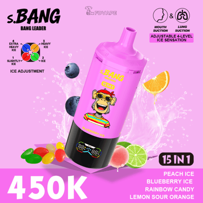 Pink S.BANG 15-in-1 device with cartoon monkey, fruit and candy; features adjustable ice levels and mouth and lung suction.
