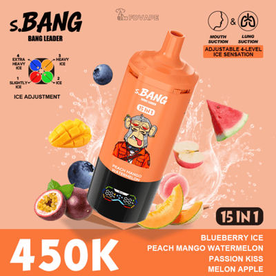 Orange S.BANG Bang Leader bottle with a cartoon monkey label, surrounded by mango, blueberries and watermelon slices, featuring 15 IN 1 and ice-adjustment icons.