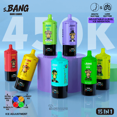 Vibrant lineup of s.BANG 15-in-1 vape bottles in neon colors on a blue backdrop with a 4-level ice sensation label.