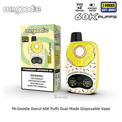 Donut-shaped yellow disposable vape with sprinkles and a black mouthpiece, 60K puffs, shown beside its strawberry lemonade ice flavor box.