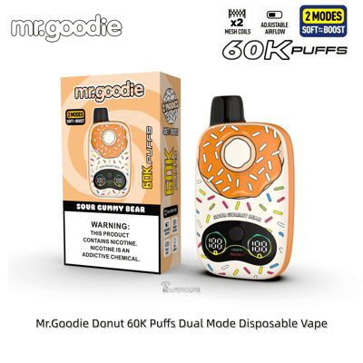 Mr.Goodie Donut 60K Puffs dual-mode disposable vape with a donut-shaped device featuring icing and sprinkles beside its box.