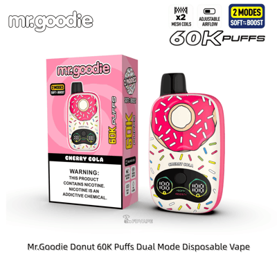 Mr. Goodie Donut 60K Puffs dual-mode disposable vape with a pink donut design and sprinkles, shown with its pink box.