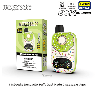 Mr.Goodie Donut disposable vape with green frosting and sprinkles beside a Strawberry Kiwi flavor box; 60K puffs, dual mode.