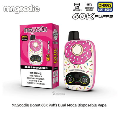 Pink donut-themed disposable vape with two-mode operation and 60K puffs, shown beside its box.