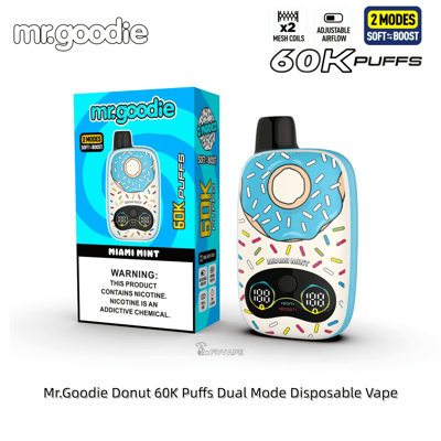 Mr.Goodie Miami Mint disposable vape with a blue donut-themed design and sprinkles, shown beside its 60K Puffs dual-mode box.