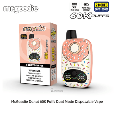 Pink donut-themed disposable vape with sprinkles, shown beside its Mr. Goodie Honeydew Ice box, 60K puffs, dual-mode