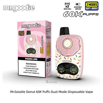 Mr. Goodie Donut 60K Puffs disposable vape with pink donut design, Peach Lime flavor, dual mode, shown with its box.