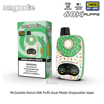 Mr.Goodie Donut 60K Puffs dual-mode disposable vape shown beside the green Apple Grape flavor box.