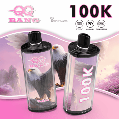 Two translucent vape pod devices with black caps on a pink landscape background featuring an eagle; the right pod has a vertical “100K” label.