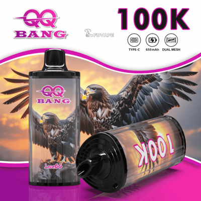 Two QQ BANG vape devices with hawk artwork against a sunset, featuring a bold 100K label.