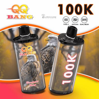 Two clear vape pods with black tops, one showing a Strawberry Mango label with an eagle image and the other marked 100K, set against an orange-yellow background.