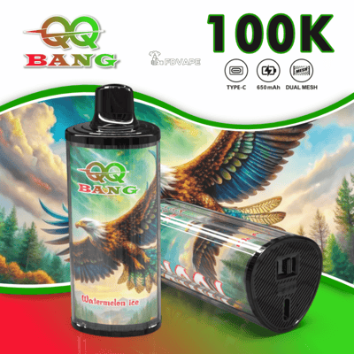 QQ Bang Watermelon Ice vape bottle and a cylindrical vape device with eagle artwork on a vibrant background.