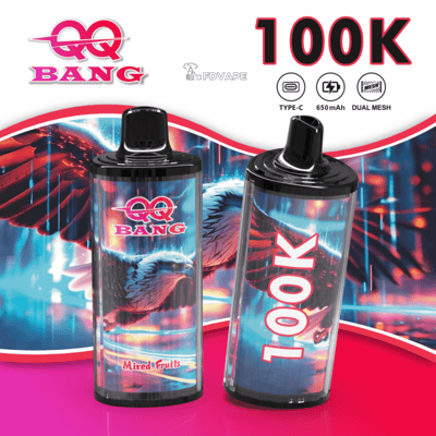 Two clear vape bottles with black caps, one labeled 100K and the other Mixed Fruits, against a bright pink and blue background.