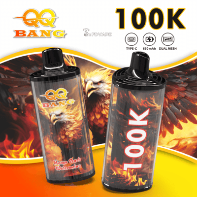 Two black vape bottles with flame design; left label Mango Peach Watermelon, right vertical 100K on a blazing background.