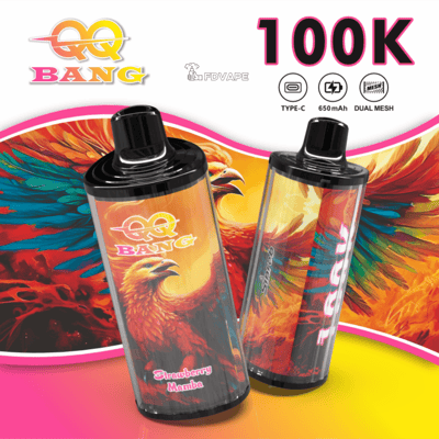 Two Bang vape pod devices with colorful phoenix artwork; one labeled Strawberry Mamba, shown with a 100K price.