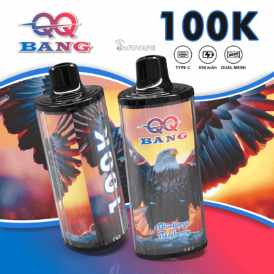 Two QQ BANG vape bottles with black caps and eagle artwork; right bottle says Blueberry Raspberry on a winged background.
