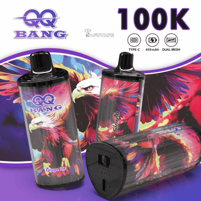 Four QQ Bang vape bottles with vivid phoenix artwork on a purple background; one labeled Grape Ice and a 100K heading.