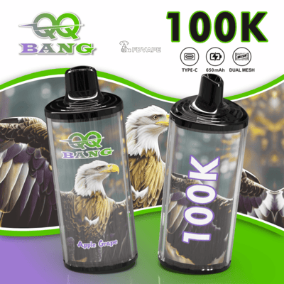 Two BANG vape pods with black caps and eagle artwork; left Apple Grape, right 100K, green and purple background.
