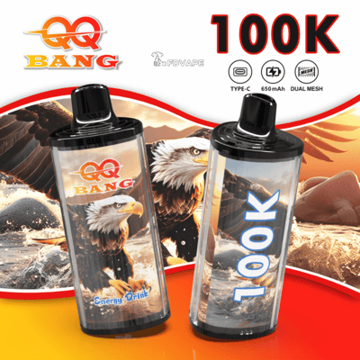 Two vape bottles with black caps and eagle-themed labels, one marked Energy Drink and the other 100K, set against a fiery red-yellow background.