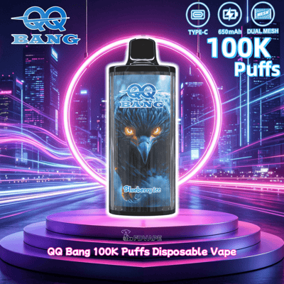 Disposable vape with blue bird logo and QQ Bang Blueberry Ice on a glowing pedestal in a neon city scene, 100K puffs.