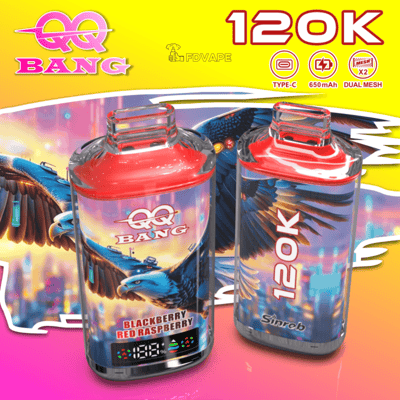 赤と青のキャップが付いた 2 つの QQ Bang vape ポッド。120K の明るい黄色の背景に、Blackberry Red Raspberry とラベル付けされたままです。.