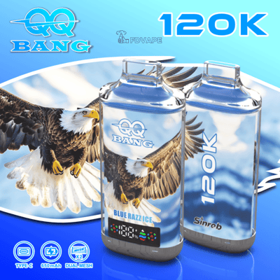 120K のテキストが入った青いグラデーションの背景に、ワシのデザインと Bang のロゴが付いた 2 つの青いガラス製 VAPE ボトル。.