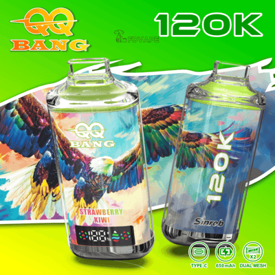 明るい緑色のプロモーション画像には、翼をテーマにした 2 つのカラフルな VAPE ポッド; が示されています。左のポッドはストロベリー キウイとラベルが付けられ、右のポッドは青で、Type-C と 650 mAh のデュアル メッシュ アイコンが付いています。.