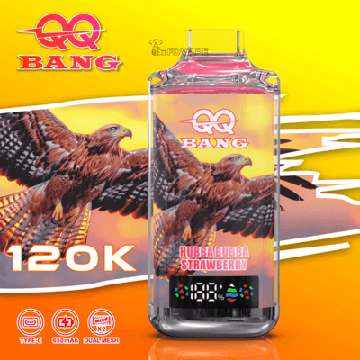 イーグルのアートワークと QQ Bang のブランディングが施された Vape デバイス、クリア ポッド、価格 120K、Type-C、650mAh、デュアル メッシュ。.