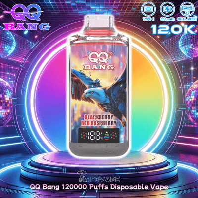 QQ Bang 120K puffs disposable vape with Blackberry Red Raspberry flavor, featuring a blue eagle graphic and a digital display.