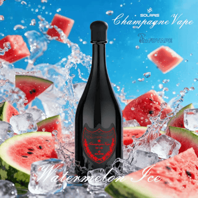 Dark glass bottle with a red crest sits among ice and watermelon slices against a blue background, labeled Watermelon Ice.