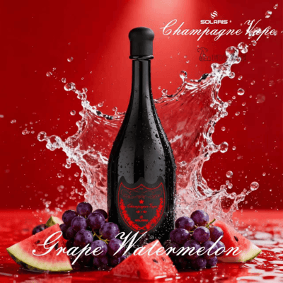 Dark champagne bottle with a red label, set among grape clusters and watermelon slices on a red splash background