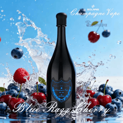 Dark champagne bottle with a blue crest label, amid splashing water and red cherries with blueberries; Blue Raz Cherry.