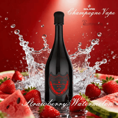 Dark champagne bottle with a red crest label, surrounded by strawberries and watermelon with water splashes; Strawberry Watermelon.