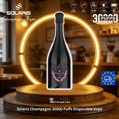 Black champagne-shaped disposable vape bottle on a wooden pedestal with a glowing neon ring and Solaris Champagne branding, 30000 puffs.