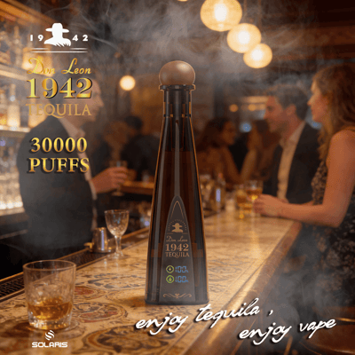 Tall dark tequila bottle with a round cap on a bar, blurred patrons in the background, featuring Don Leon 1942 Tequila and 30000 Puffs.