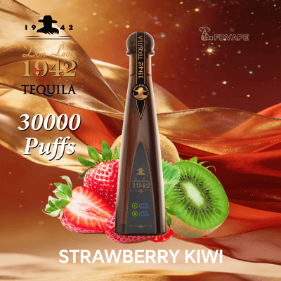 Teardrop-shaped vape device branded 1942 Tequila, upright with strawberries and kiwi in the background, text reading 30,000 Puffs Strawberry Kiwi.