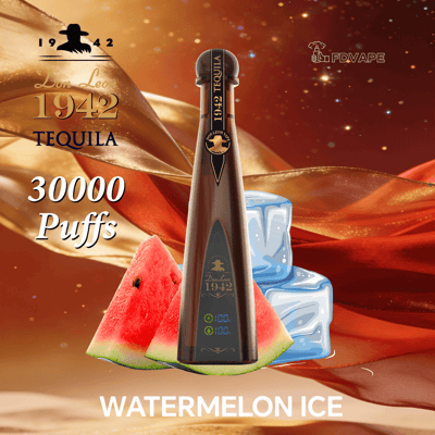 Bottle-shaped vape device labeled 1942 Tequila, with watermelon slices and ice, showing 30000 Puffs and Watermelon Ice.