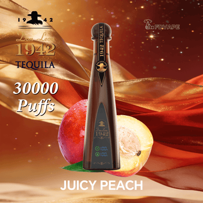 Brown disposable vape device with Don Leo 1942 Tequila branding and Juicy Peach flavor, 30,000 puffs, beside peaches.