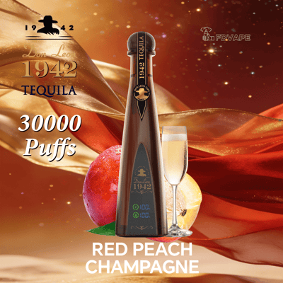 Brown bottle-shaped vape device labeled 1942 Tequila with 30000 Puffs sits beside a champagne glass and a red peach, set against flowing orange fabric for Red Peach Champagne