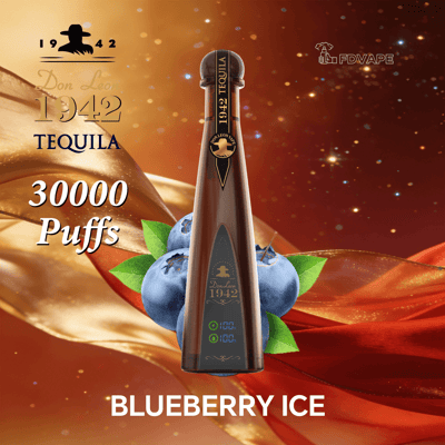 Tall brown vape bottle shaped like tequila, labeled 1942 Tequila with Blueberry Ice flavor, surrounded by blueberries against a warm orange-red background.