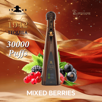 Brown bottle-shaped disposable vape labeled 1942 Tequila with 30000 puffs, set among mixed berries.