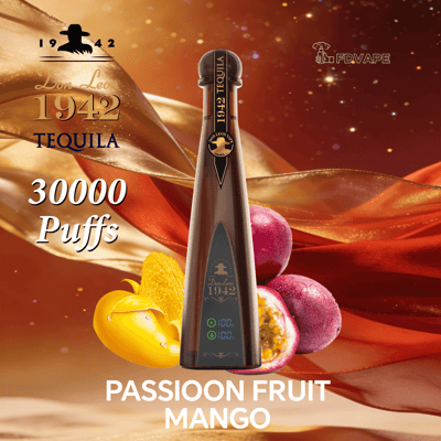 Tequila-branded vape device labeled 1942 Tequila, surrounded by passion fruit and mango, with "30000 Puffs" and "Passion Fruit Mango" text.