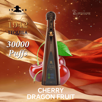 Brown bottle-shaped vape device with 1942 Tequila label, Cherry Dragon Fruit flavor, amid cherries on an orange background with 30,000 puffs