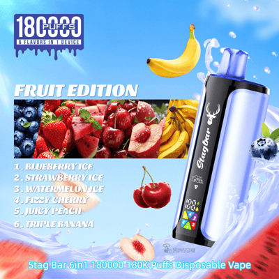 Fruit Edition disposable vape pen with a blue-tinted tank beside a berry-and-banana collage; 1800 puffs and fruit flavors.