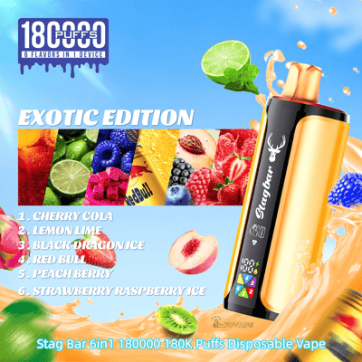 Stag Bar Exotic Edition disposable vape in gold and black with six fruit flavors.