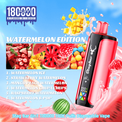 Watermelon Edition disposable vape in pink and black beside a watermelon fruit collage and a list of six watermelon flavors.