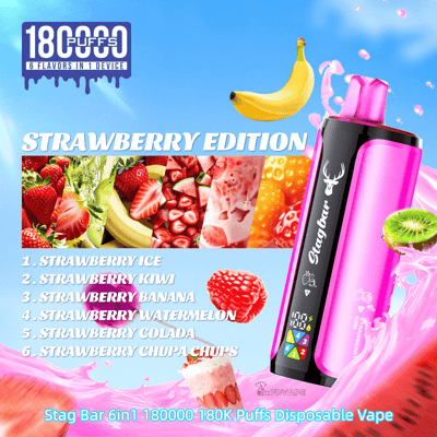 Vivid strawberry edition disposable vape with a pink/black device beside a fruit collage and six strawberry flavors; 180000 puffs.